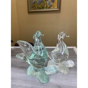 Vintage Murano Glass Doves On Branch Sculpture Blue/Green Controlled Bubbles
